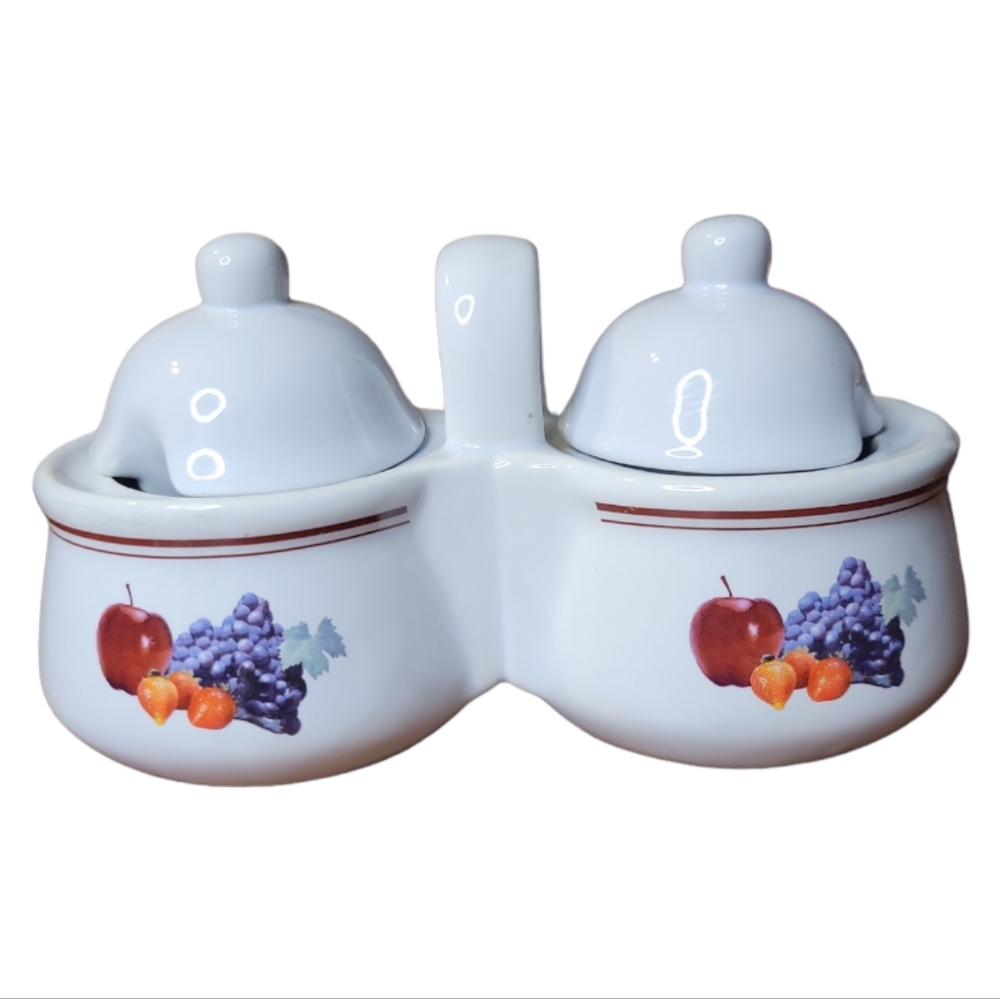 Vtg 80's Porcelain Jam Jelly Server Lids 2 Compartments Handle Houston Harvest